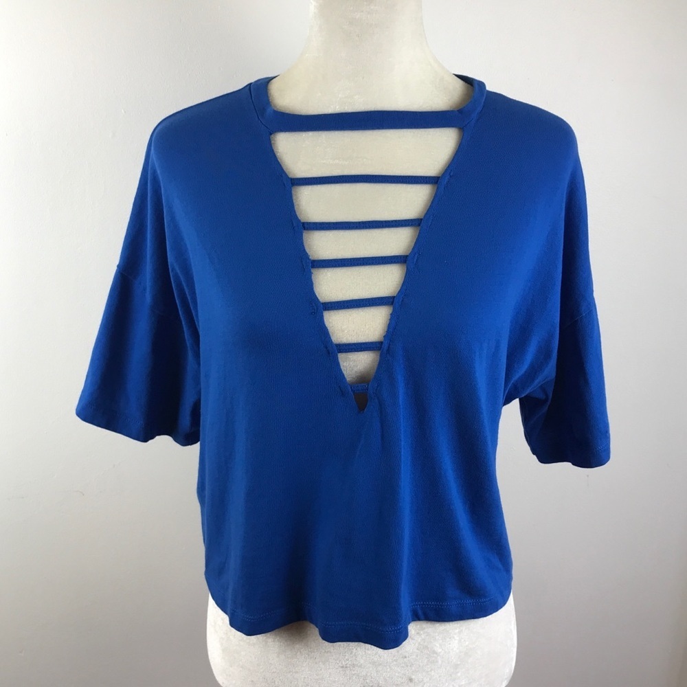 F 21 oversized top deep v cutout neckline blue med